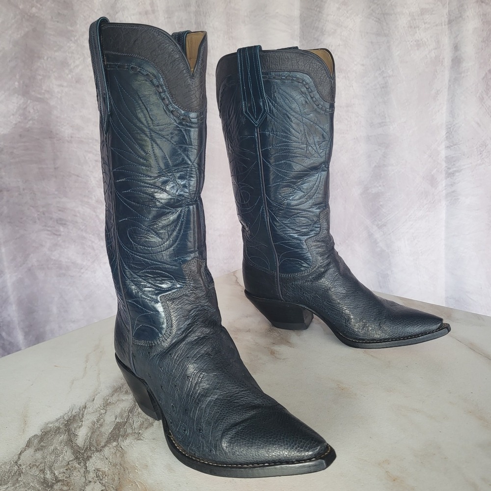 Paul Bond Smooth Ostrich Western Cowboy Boots Size 7 M Women's Dark Sapphire